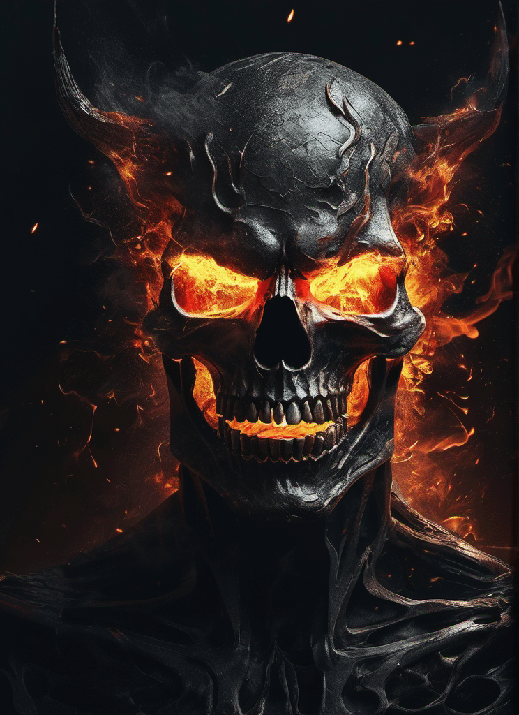 AI generated: a burning demon, skeleton face, brutal composition, gloomy, emotionally profound, horror, intense an...