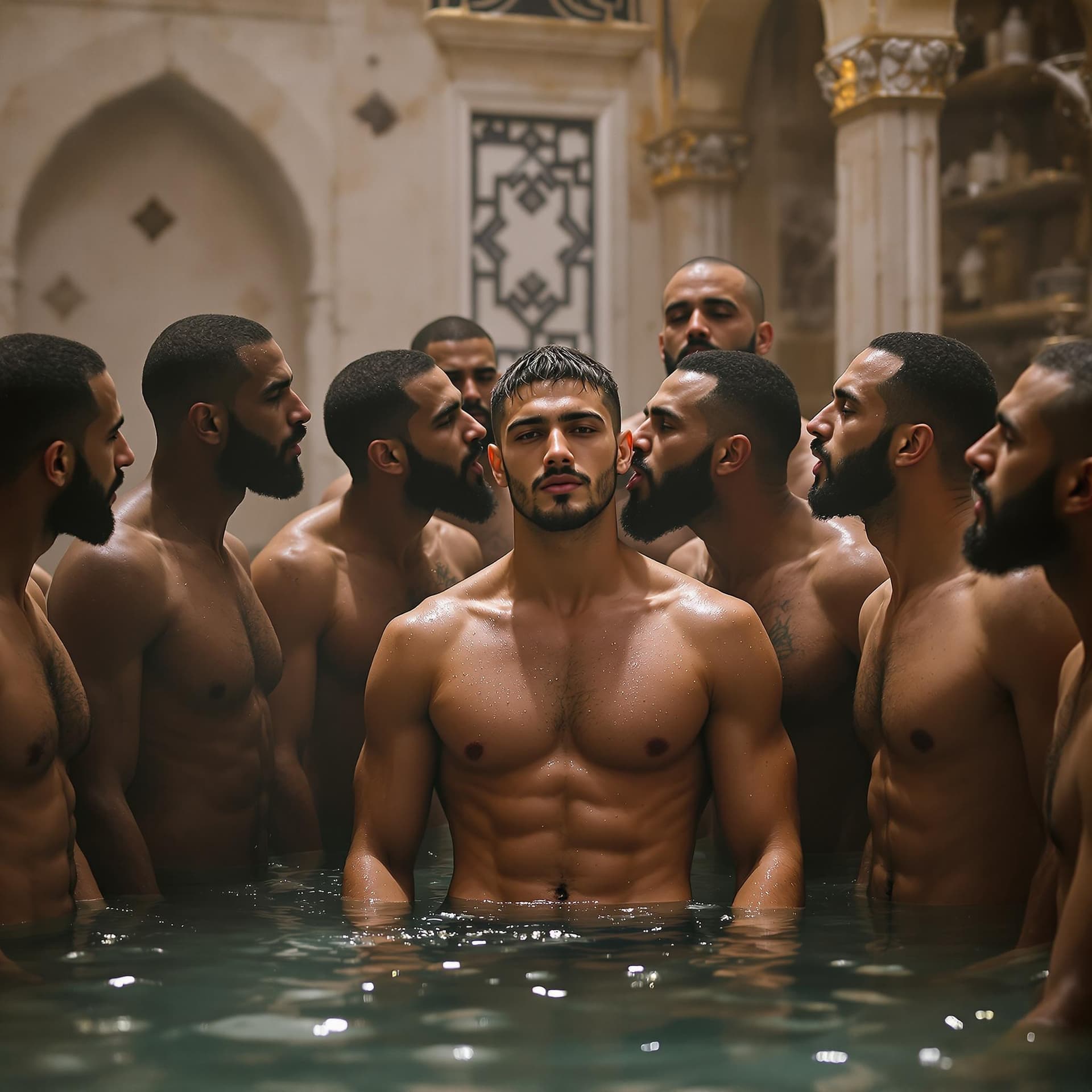 AI generated: a gorgeous nude 18 year old moroccan boy named Mo is surrounded by a group of lusty, tall, strong, m...