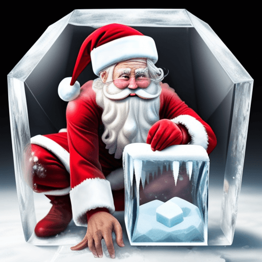 AI generated: Crouching Santa Claus trapped inside an ice cube. Snow around.