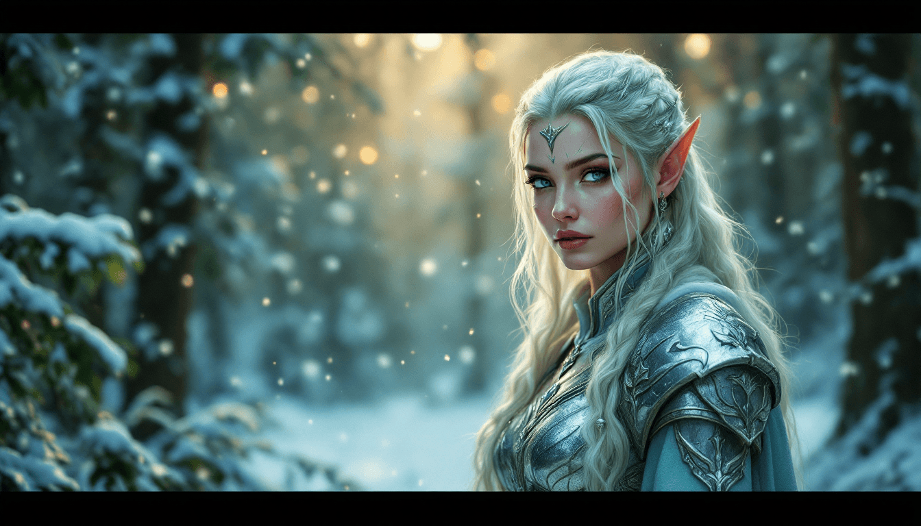 AI generated: An elven warrior queen in silver armor, fantasy art, backlit by a magical forest glow, mystical and ...