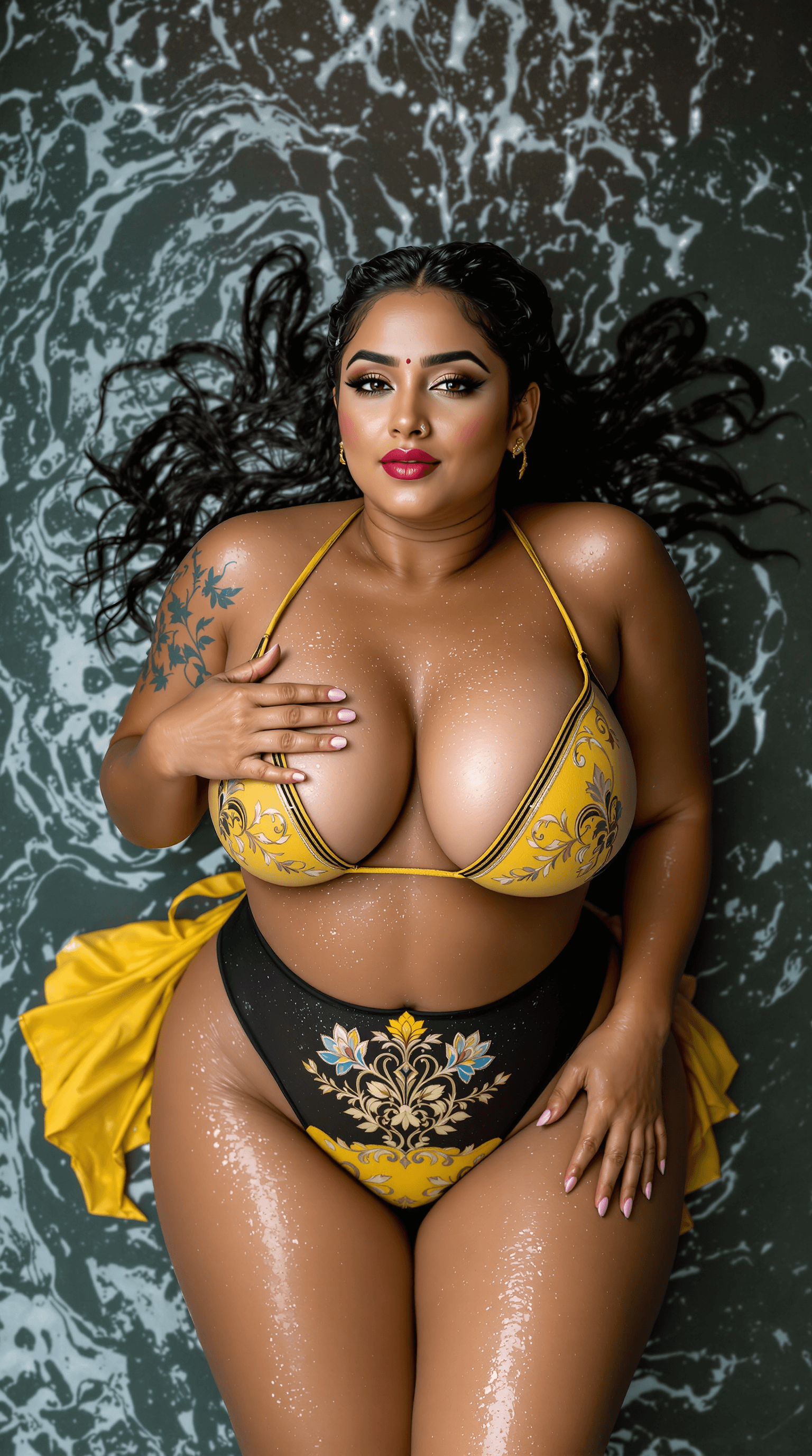 AI generated: Top view , full body front huge   curved shape hip image of a 25 year old plus size sexy hourglass f...