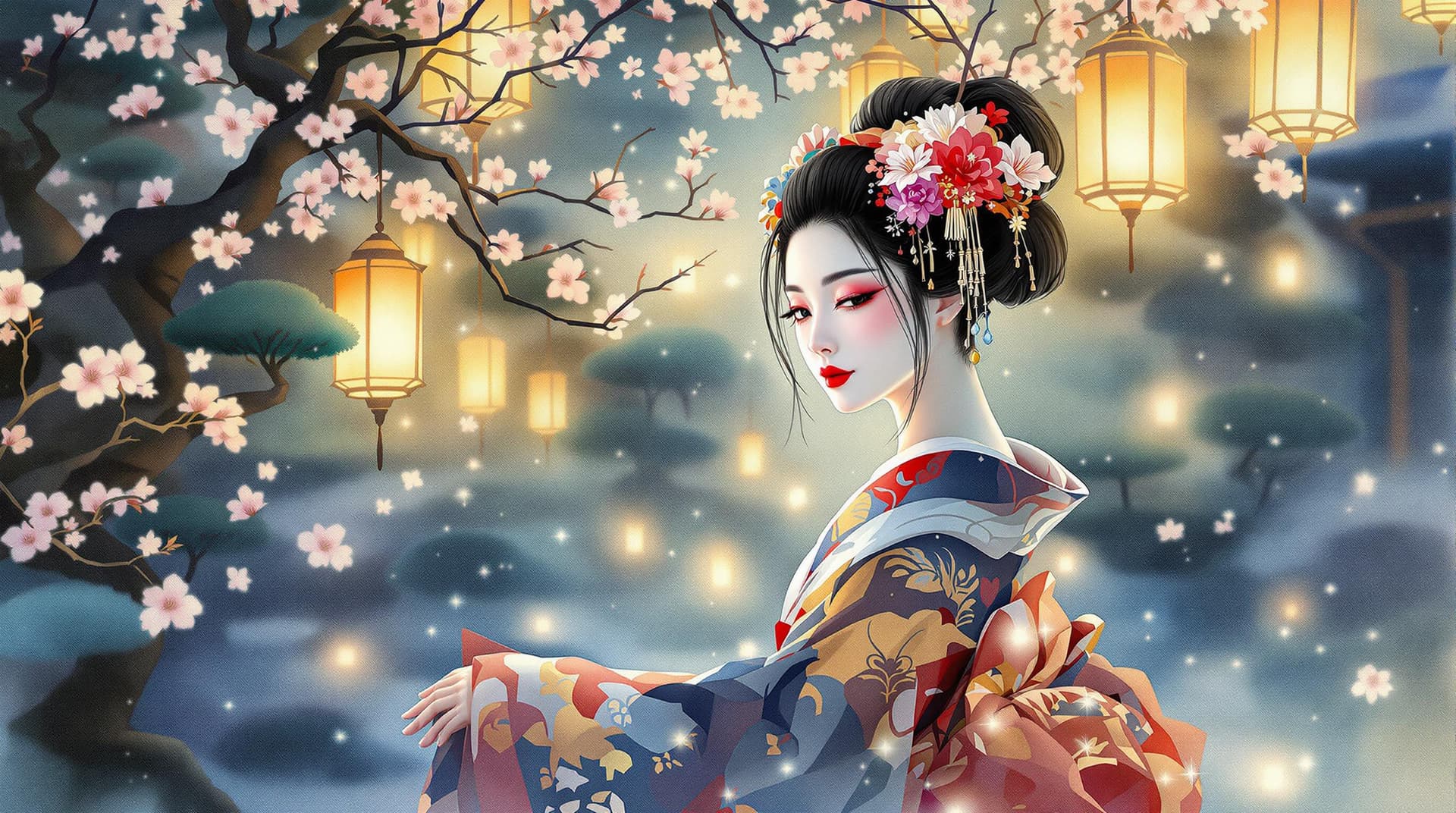 AI generated:  A vibrant watercolor portrait of a Japanese geisha, depicted in dynamic motion, set amidst a serene...