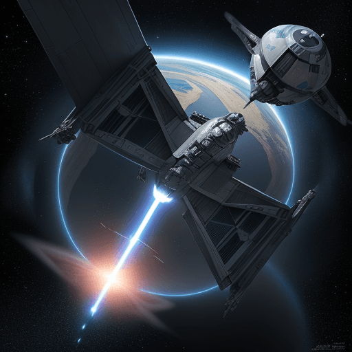 AI generated: illustration, sci-fi concept, The Star Wars TIE fighter flies upwards, and the tail flames are brigh...