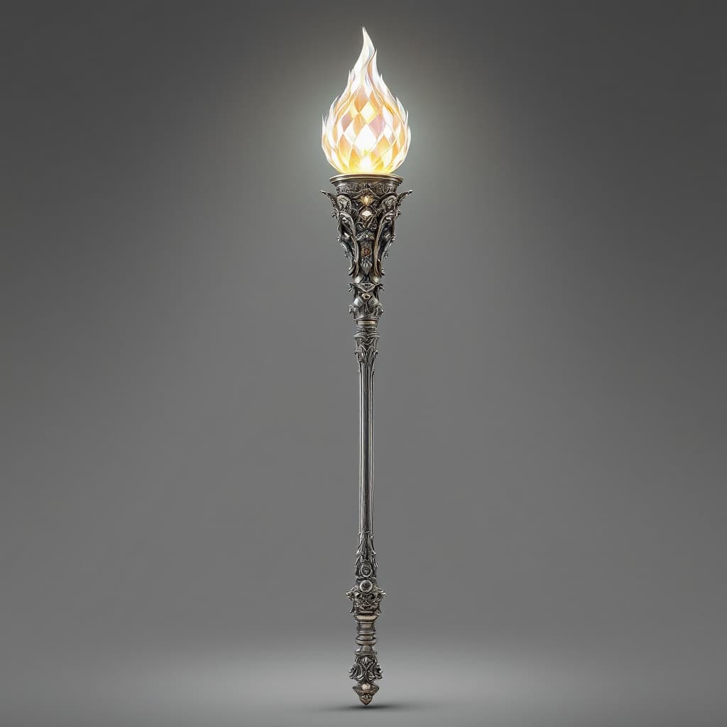 AI generated: Two foot long ornate, kingly silver scepter, no sharp points, rounded bottom, multifaceted gem cut i...
