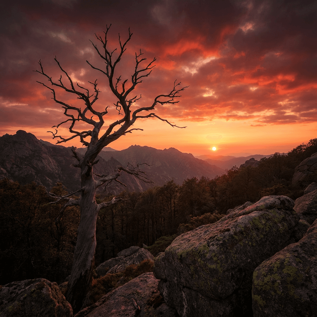 AI generated: tree, scenery, outdoors, cloud, sky, mountain, red sky, no humans, cloudy sky, sun, sunset, bare tre...