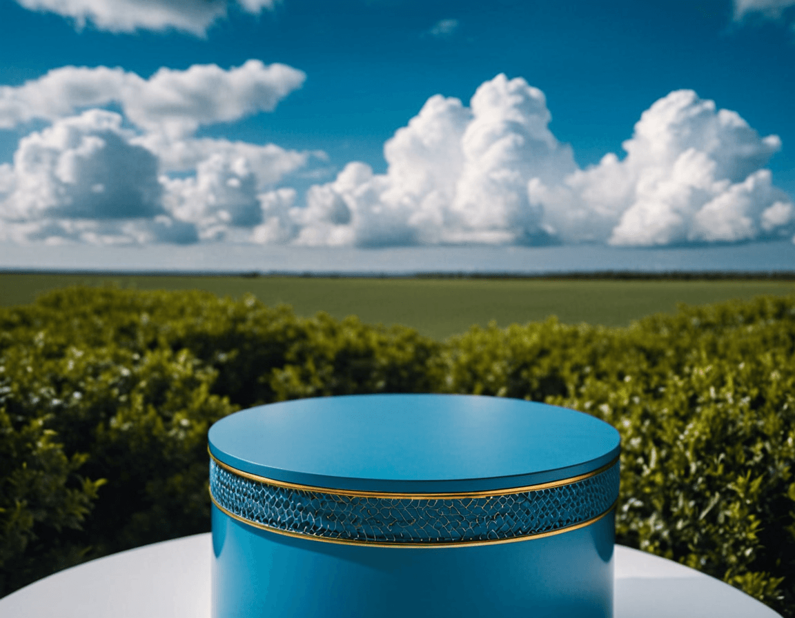 AI generated: Product photography, beautiful blue podium for product, super detalised and fashion, with puffy clou...