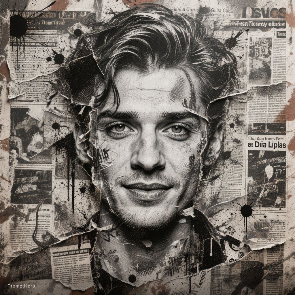 AI generated: Create a grungy, 3D embossed style realistic black and white close-up face portrait of a charming po...