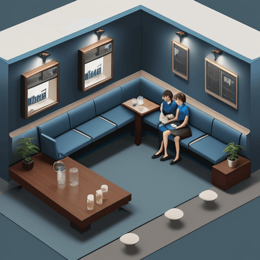 AI generated: medium rest room, in a blue tone, with sofa, bench with coffee, simple corporate environment, televi...