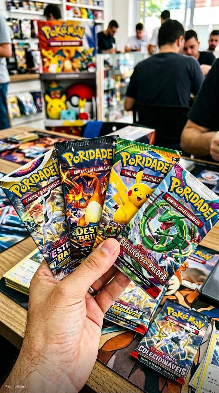 AI generated: a hand holding 4 Pokemon packs but instead of "Pokemon" it says in Brazilian Portuguese (pt-BR) "Rar...