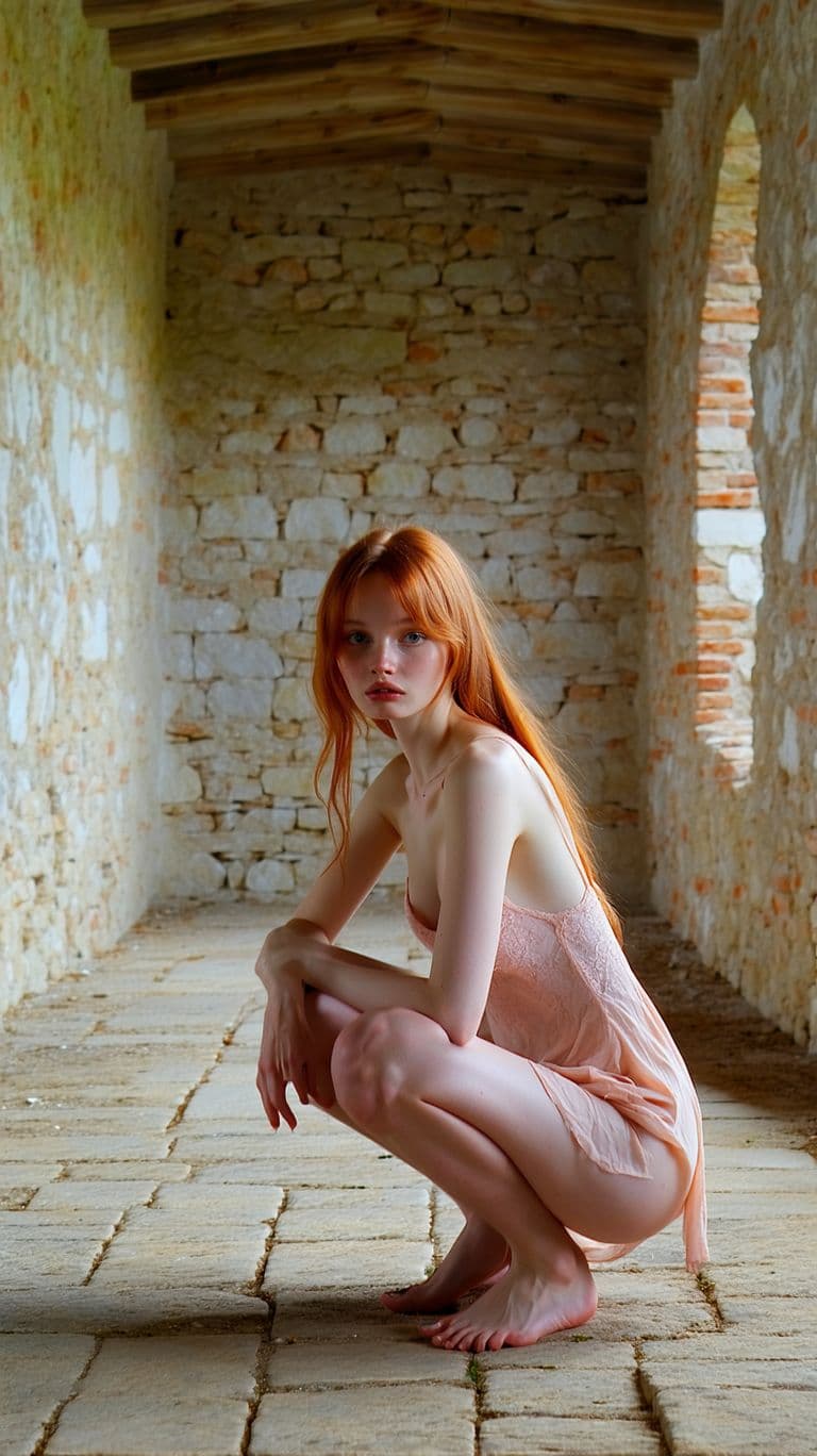 AI generated: Today we feature an artistic young lady pale skin squatting in Front to the Camera on the floor with...