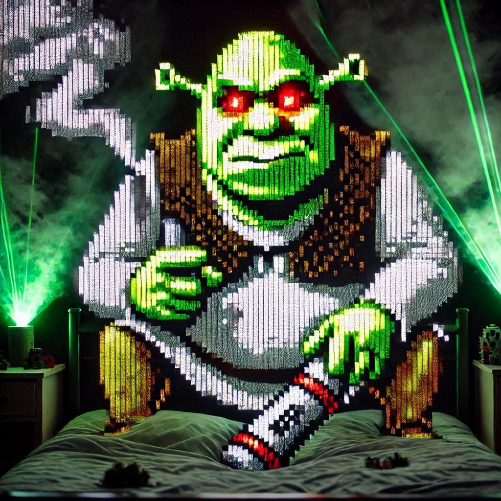 AI generated: representado en caracteres ascii, Shrek es un esqueleto gordo y grande con ojos brillo rojo y de ang...
