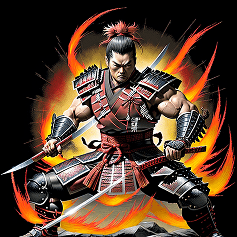 AI generated: The image depicts a muscular, armored samurai warrior in a dynamic pose, holding a katana, and surro...