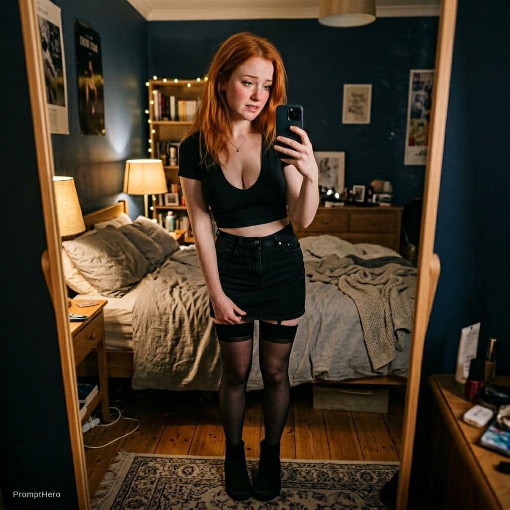 AI generated: A very shy and embarrassed 21-year-old woman, bright emerald green eyes, natural vibrant ginger/redd...