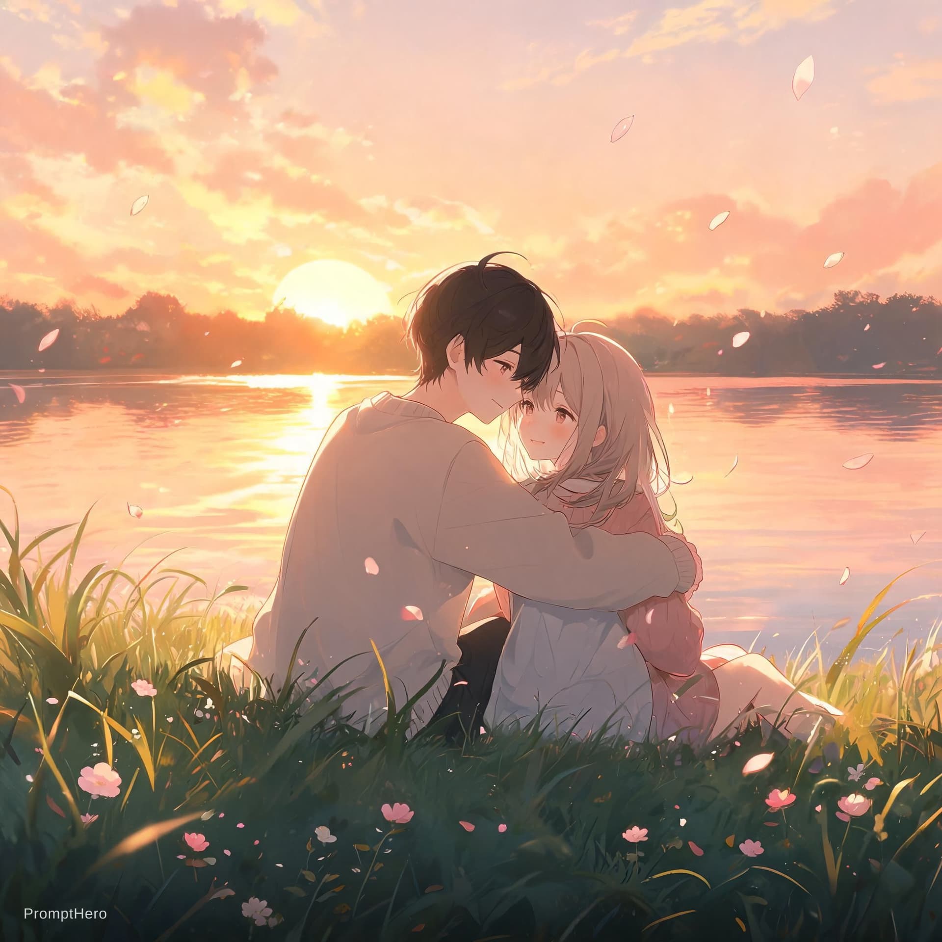 AI generated: Romantic animated couple sitting in a grassy field beside a glowing golden lake at sunset, warm yell...
