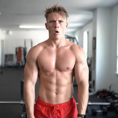 AI generated video: Cute 20-year-old male bodybuilder with dumb expression, wearing short running shorts, blonde hair, i...