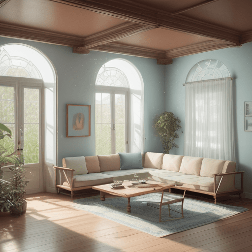 AI generated: High resolution photography interior design, dreamy sunken living room conversation pit, wooden floo...