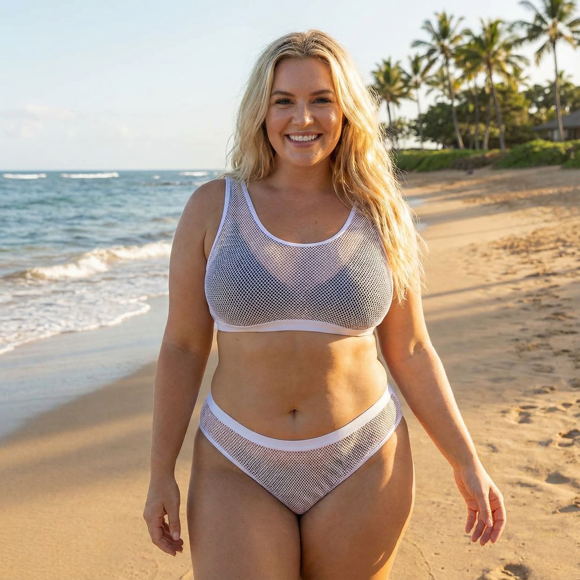 AI generated: a blonde marvelous curvy female with bra cup H wearing a transparent sling bikini on a beach
