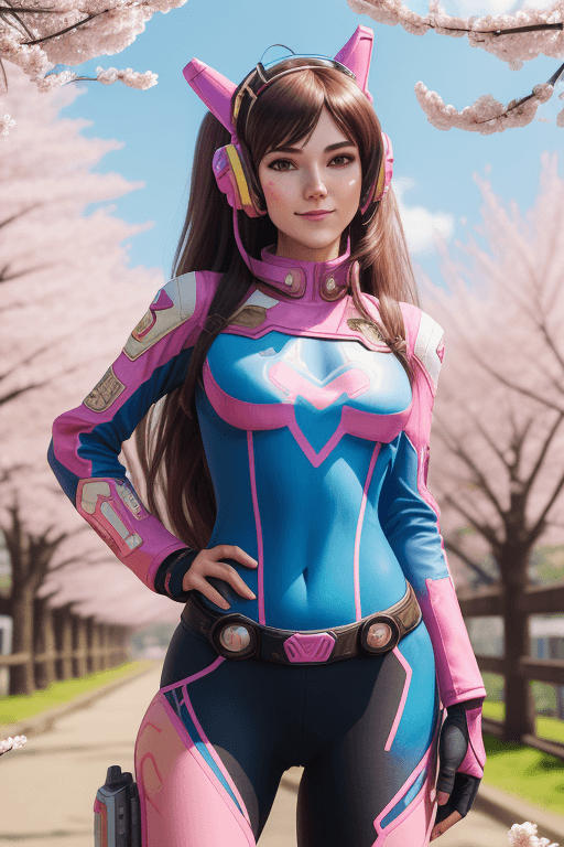AI generated: cowboy shot, d.va, peace sign, long hair, ribbed bodysuit, clothes writing, arrogant smirk, cherry b...