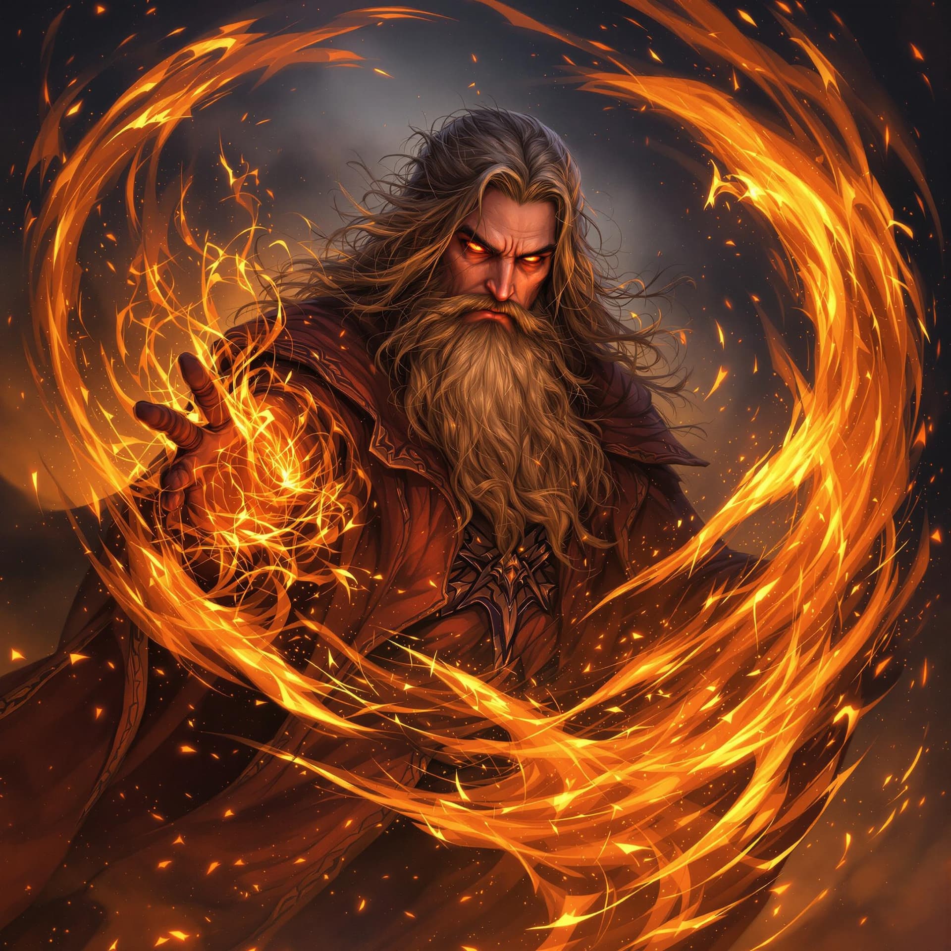 AI generated: A mystical sorcerer, surrounded by swirling fire and embers, conjures a powerful spell. The flames d...