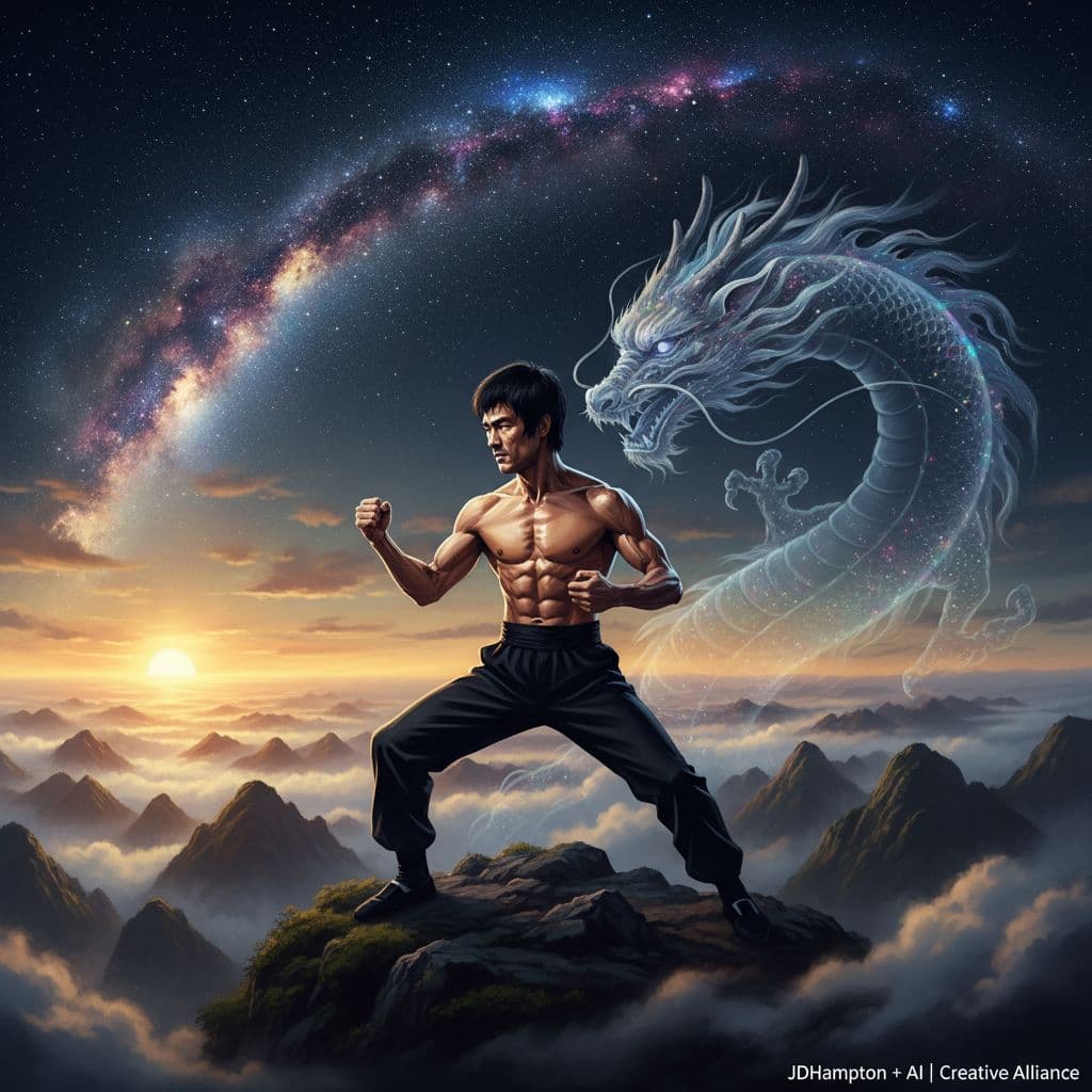 AI generated: **A cinematic masterpiece, a spiritual tribute by JDHampton & AL. Bruce Lee at his absolute physical...
