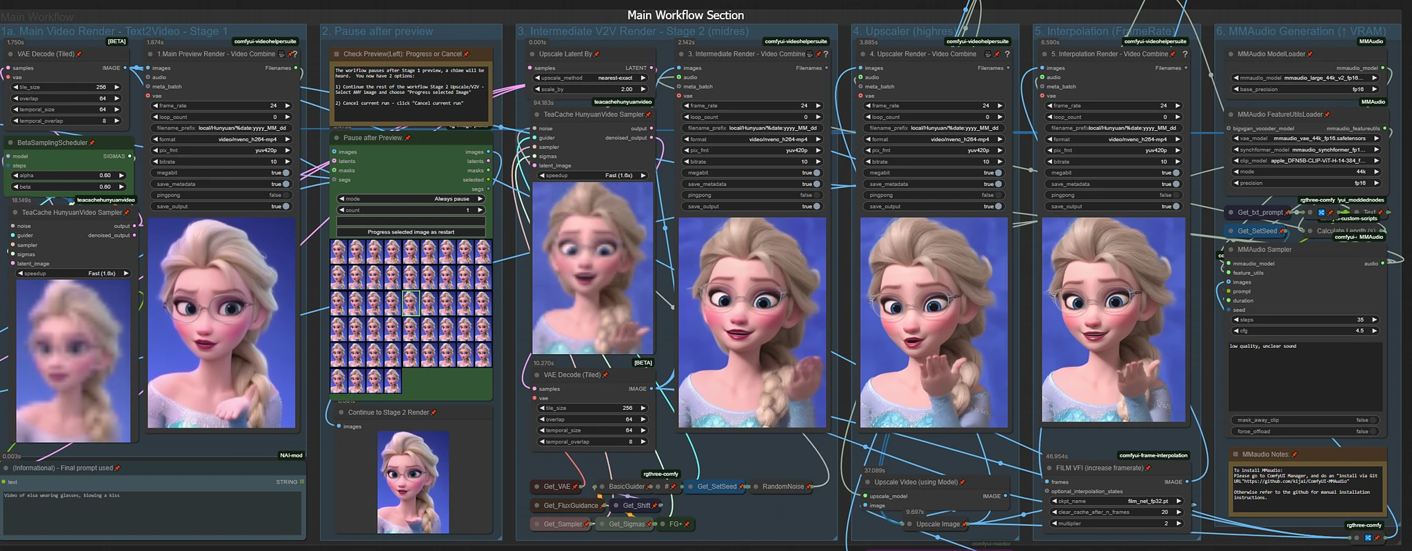 Featured image #6 for WAN Video YAW Workflow V2V T2V I2V, upscale, extend, audio, interpolate, random-lora, preview pause, upscale, multi-res, interpolate,prompt save/load