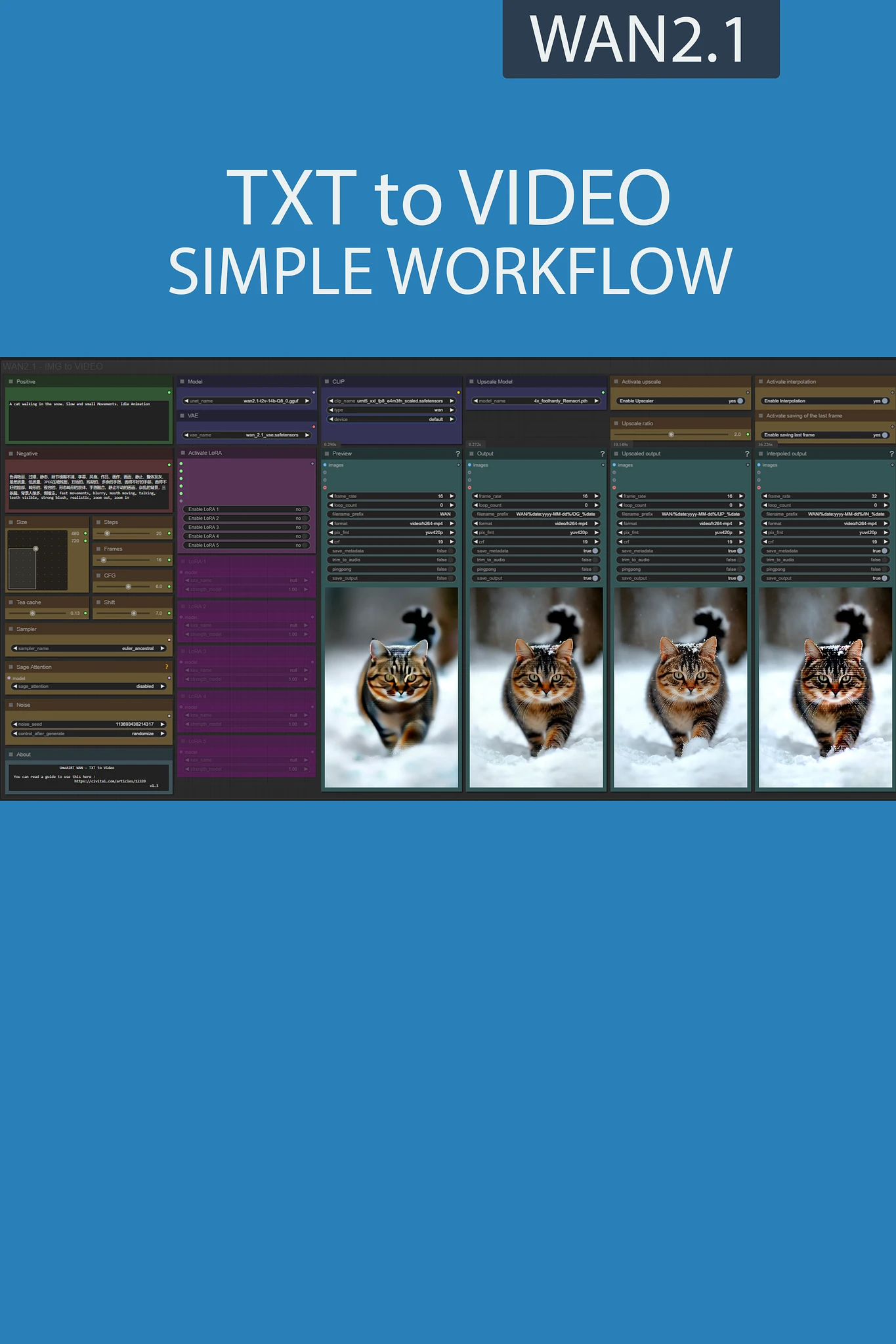 Featured image #3 for TXT to VIDEO simple workflow WAN2.1 |  GGUF | LoRA | UPSCALE | TeaCache