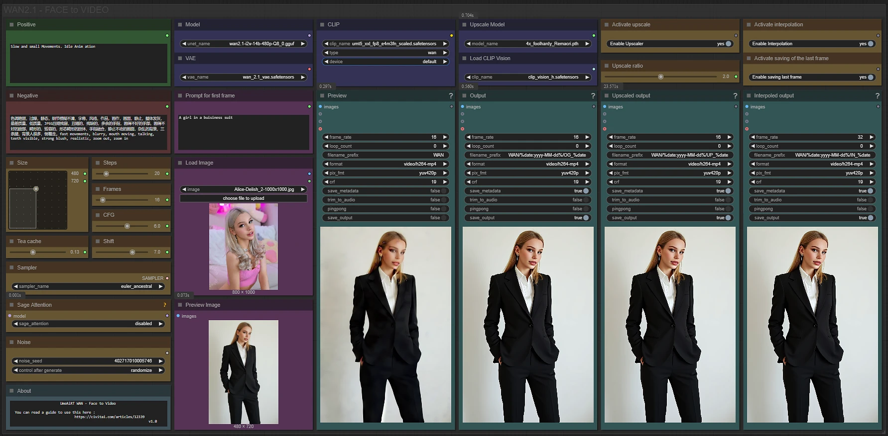Featured image #4 for FACE to VIDEO simple workflow WAN2.1 | GGUF | PuLID | UPSCALE | TeaCache