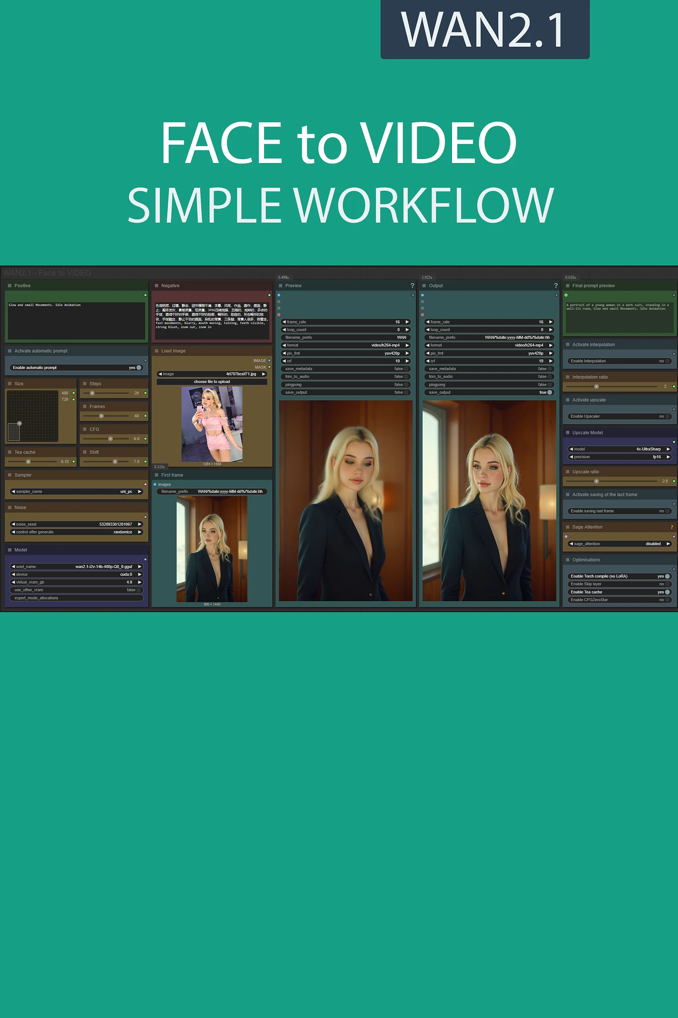 Featured image #5 for FACE to VIDEO simple workflow WAN2.1 | GGUF | PuLID | UPSCALE | TeaCache