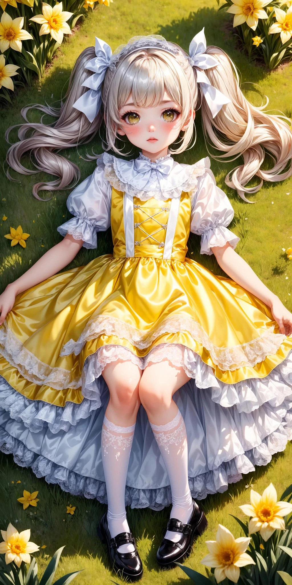 Featured image #1 for Yellow and White Lace Brocade Shiny Satin Dress