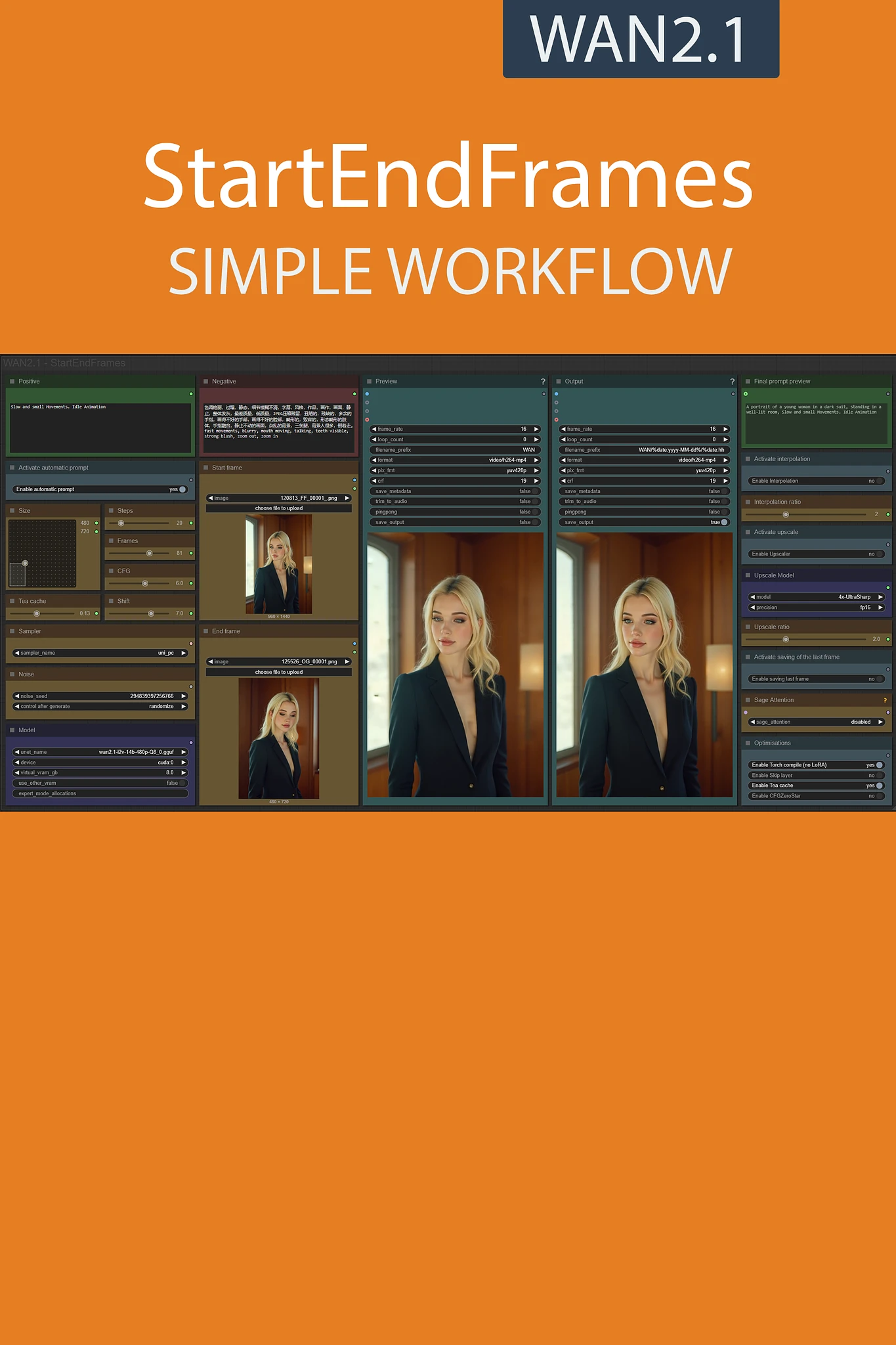 Featured image #3 for StartEndFrames simple workflow WAN2.1 | GGUF | LoRA | UPSCALE | TeaCache