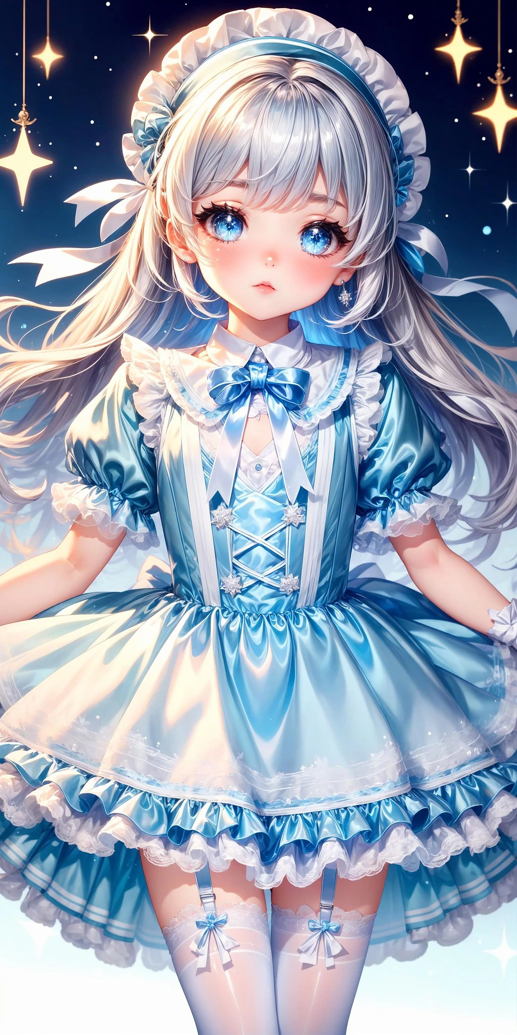 Featured image #1 for Light Blue and White Silvery Star Satin and Organza Dress